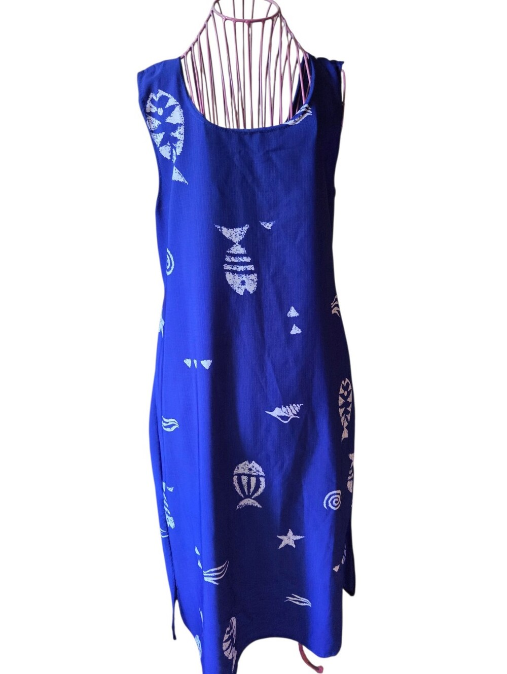Awesome Wear -Sz Large  Art-to-Wear Blue Fish Batik Lagenlook Dress Funky USA